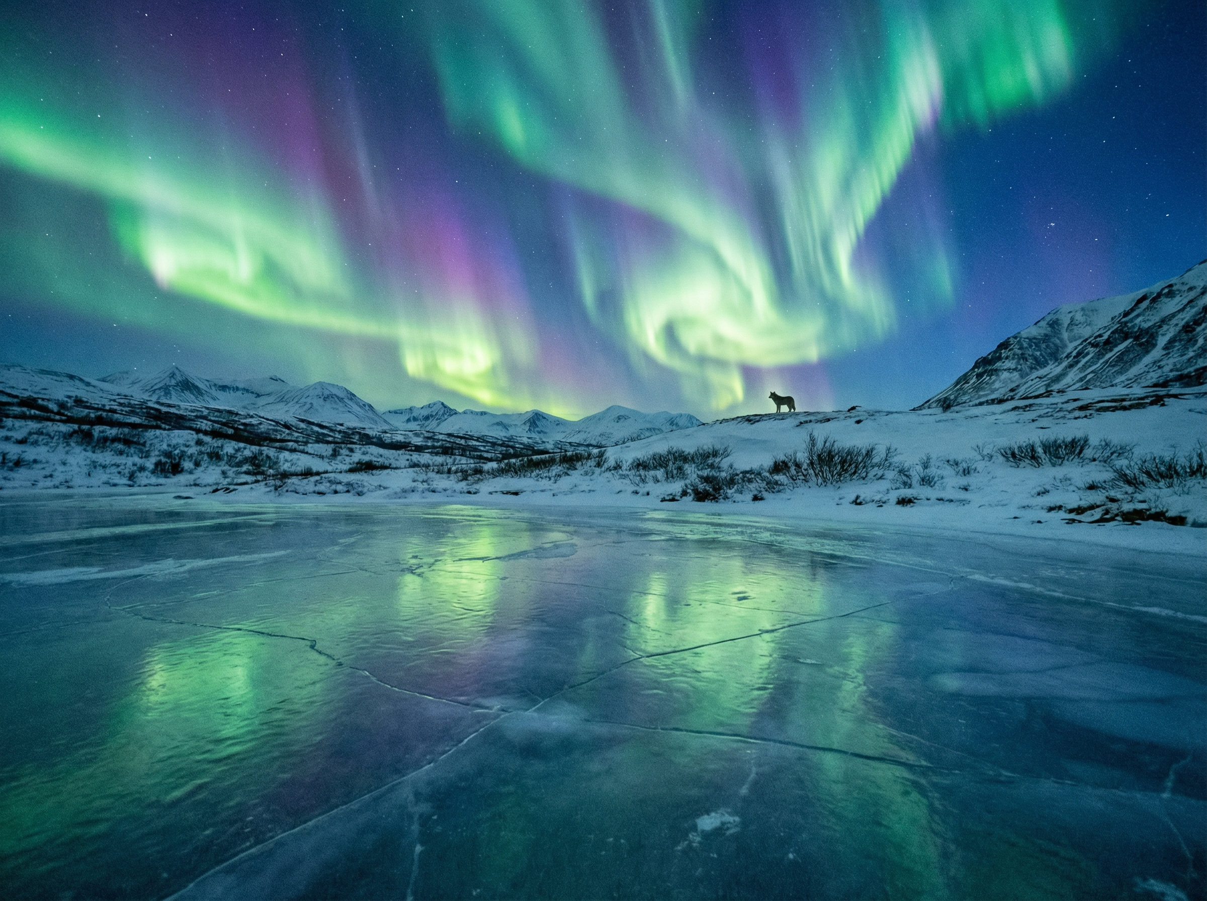 加拿大28 - 北极光下的冰原狼配图